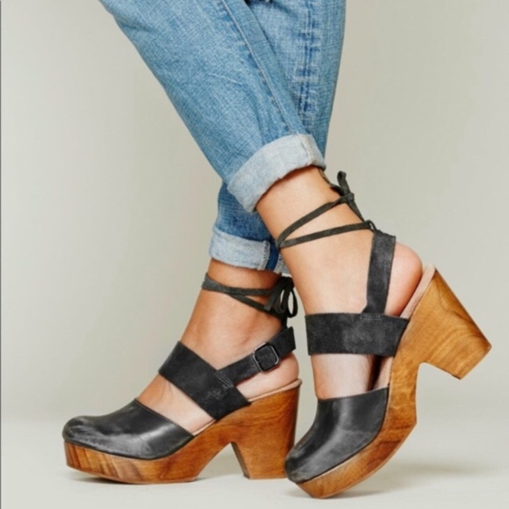 Free People Belmont Black Leather and Suede Clogs Size 8